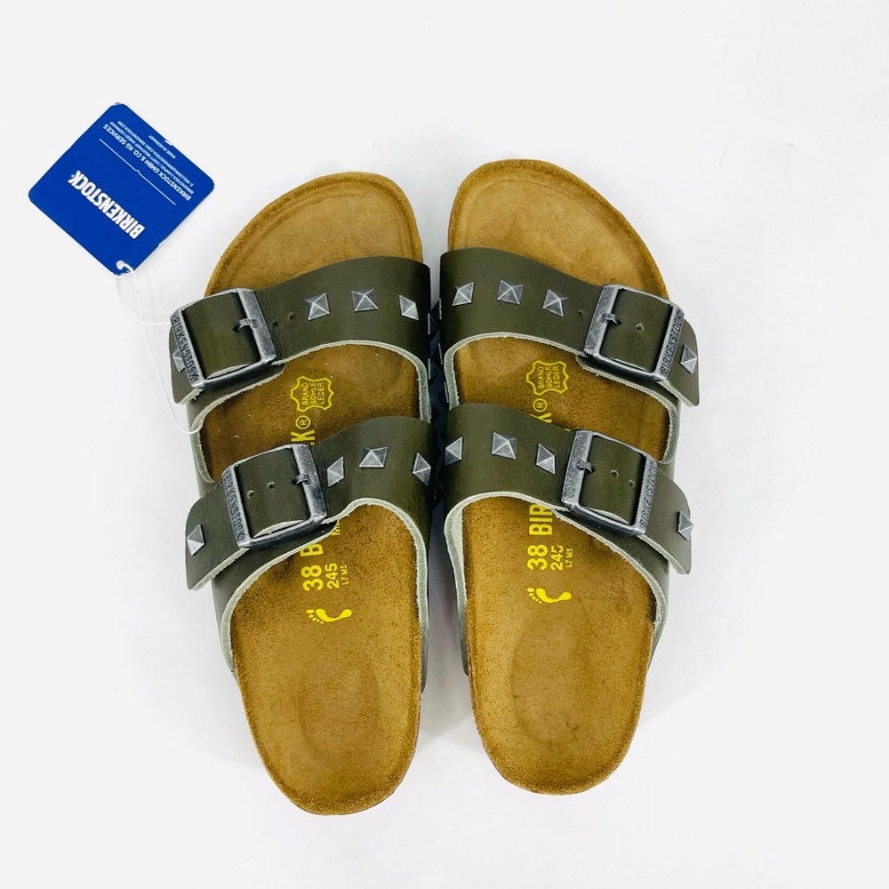 🔥RARE Birkenstock Arizona Stud Rivet Sandal 38 Olive Khaki Green PunkRock Unisex
